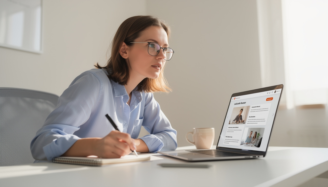 Uczestniczka zajęć online pisząca opis usług na laptopie